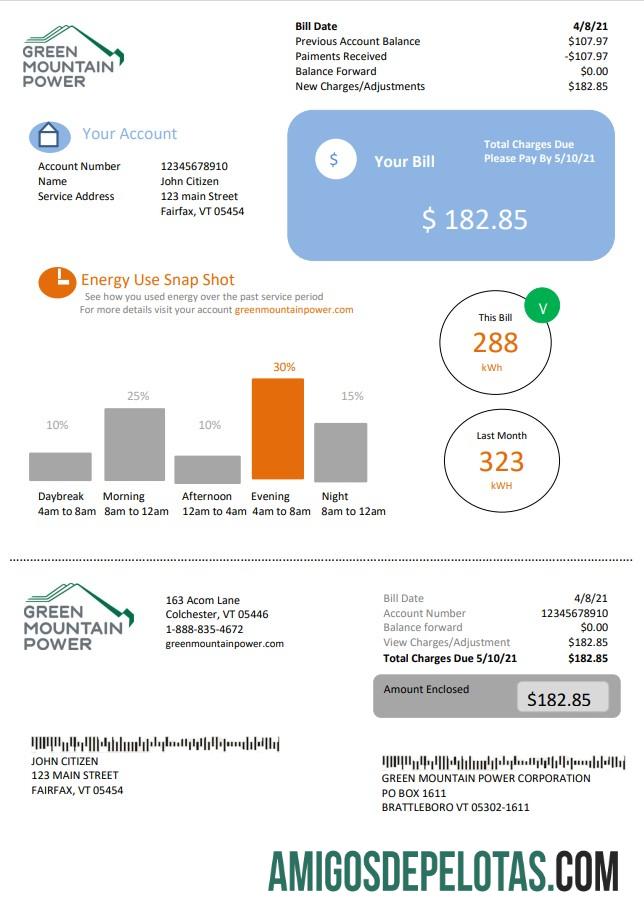 Conta de serviços públicos de eletricidade dos EUA Vermont Green Mountain Power em formato Word e PDF baixar para verificação